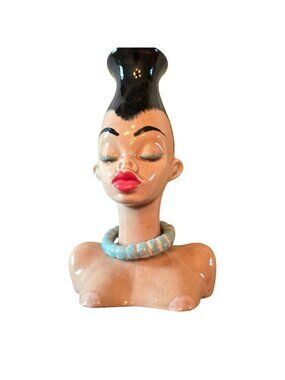 Vintage Polynesian Head Vase Signed Dorothy Kindall with Necklace JH8035